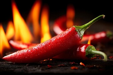 Fiery red chili peppers with water droplets on a dark surface with flames behind