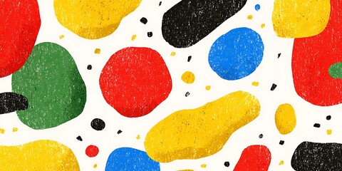 A vibrant abstract pattern of colorful organic shapes and dots on a white background