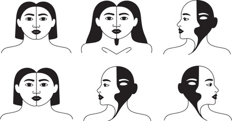 Symmetrical Face Halves Illustration: Exploring Duality and Balance in Human Portraiture Art Design