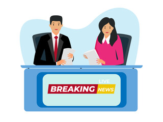live breaking news illustration tv studio interior television news program presenters cartoon characters broadcast announcing