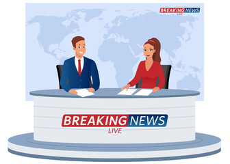 live breaking news illustration tv studio interior television news program presenters cartoon characters broadcast announcing