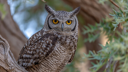 A striking spotted eagle owl perched on a branch looking directly at the camera with piercing eyes