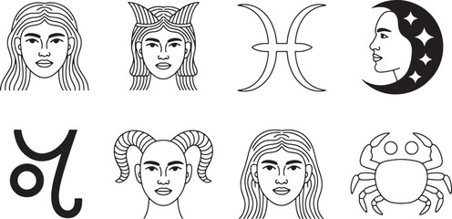 Zodiac Sign Faces: Astrological Portrait Collection with Unique Hairstyles and Cosmic Symbols