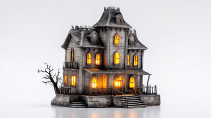 Gothic style haunted house model with glowing windows on a white background