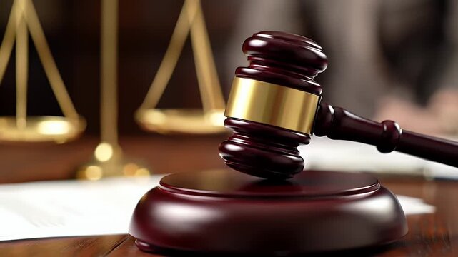 Wooden Gavel with Scales of Justice Representing Law and Legal Processes On Wooden Table with Golden Accents