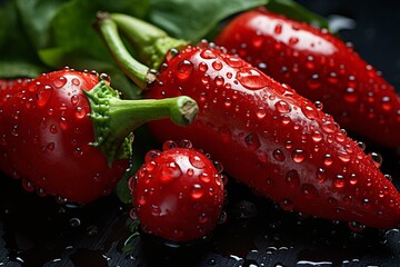 Fresh red chili peppers with water droplets on a dark surface, close up view