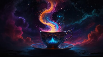 A cup emits colorful, swirling smoke against a dark, cloudy, cosmic background, creating a mystical and vibrant scene.