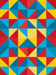Fototapeta premium illustration of a dynamic geometric tile pattern composed of overlapping triangles and squares in a striking primary color palette: bold red, bright yellow, and crisp blue. The grout texture 