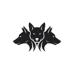 A stylized black graphic of a fierce threeheaded dog reminiscent of the mythical Cerberus with glowing white eyes.