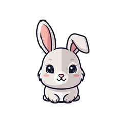 Adorable chibistyle grey rabbit with large shiny eyes rosy cheeks and one floppy ear sitting happily.