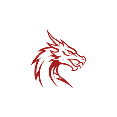 Aggressive red dragon head mascot with sharp tribalstyle lines and horns.