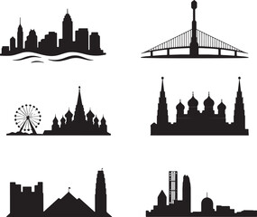 Cityscape Silhouettes of Famous World Cities on Transparent Background for Design Projects
