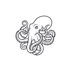 Graphic octopus illustration with swirling tentacles and suckers rendered in a clean black outline style.