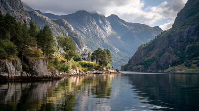 A scenic view of a calm lake surrounded by mountains and trees under a cloudy sky in norway fjord