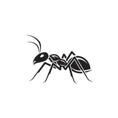 Stylized black ant illustration with segmented body six legs and curved antennae in side profile.