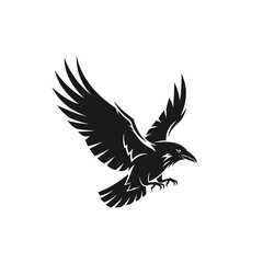 Stylized black raven swooping down a dynamic vector illustration with sharp wings and extended talons.