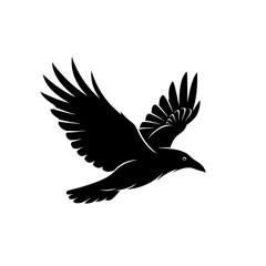 Stylized black raven in flight a minimalist vector silhouette with spread wings.