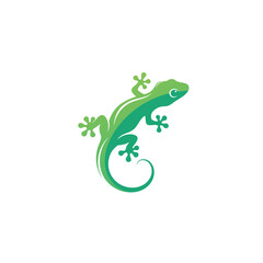 Stylized green gecko silhouette with a gracefully curled tail and splayed feet.