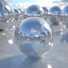 A group of shiny silver spheres reflecting the sky and other spheres on a white surface outdoors