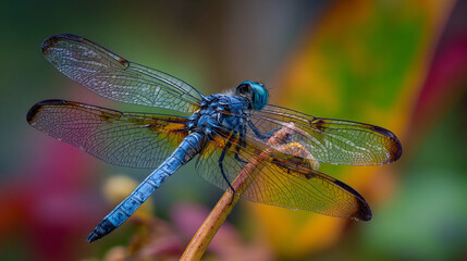 A close up shot of a blue dragonfly perched on a twig with blurred colorful background in nature light
