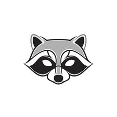 Stylized raccoon head mascot with a bold black mask and symmetrical design in black and grey.