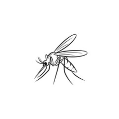 Stylized black line art illustration of a mosquito in a biting pose with a long proboscis and delicate wings.