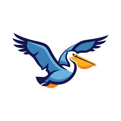 Stylized blue pelican in flight a dynamic cartoon mascot with spread wings and a prominent orange beak.