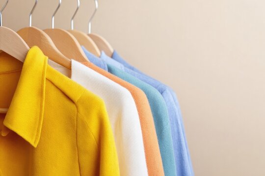 Colorful garments neatly arranged on hangers showcase modern fas