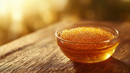 Close up of glass bowl with fresh honey and pollen granules, wooden table, soft light, space for text, natural allergy remedies.