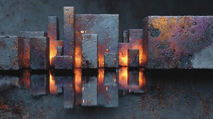 Metallic abstract background architecture lines reflecting a dystopian cityscape chrome and rust textures