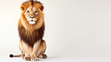 Fototapeta premium Majestic lion seated against a plain background.