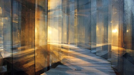 Layered abstract background architecture lines in translucent glass refracting light dreamy and ethereal