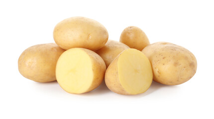 Whole and cut potatoes isolated on white