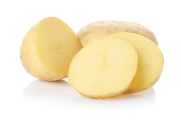 Whole and cut potatoes isolated on white