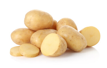 Whole and cut potatoes isolated on white