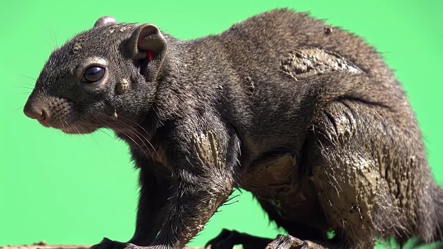 Close-up profile of a dark-furred squirrel with a rough, textured coat, standing against a vibrant green background, showcasing its unique wild app...