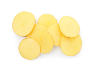 Slices of raw potatoes isolated on white, top view