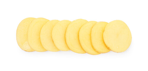 Slices of raw potatoes isolated on white, top view