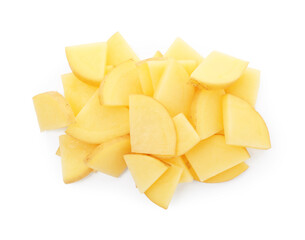 Slices of raw potatoes isolated on white, top view