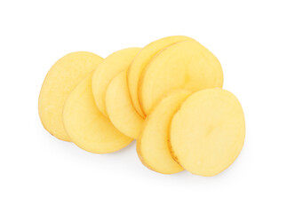 Slices of raw potatoes isolated on white, top view