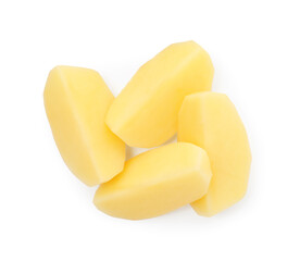 Slices of raw potatoes isolated on white, top view