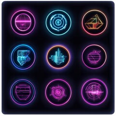 A collection of nine neon glowing futuristic icons arranged on a dark background with abstract designs
