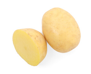 Whole and cut potatoes isolated on white, top view