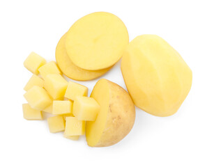 Whole and cut potatoes isolated on white, top view