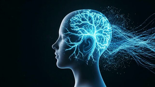 Side profile of a human head transforming into digital particles and data streams, with glowing neural networks forming inside