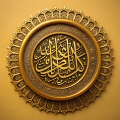 Fototapeta premium Intricate arabic calligraphy ornamentation on a circular golden decorative emblem