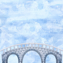 Stone arched bridge with white railings, set against a dreamy cloudy sky. Watercolor illustration. This hand-painted artwork is ideal for fairy tale scenes, children designs, and wall art compositions