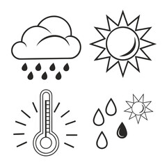 Weather icons set with sun, cloud, rain, and thermometer isolated on white background