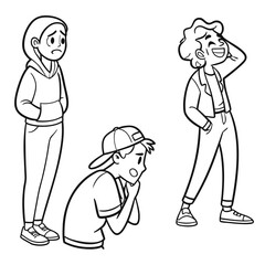 Three teenagers with different emotions isolated on white background