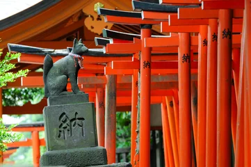 Fotobehang Diep Rood Stone fox statue among red torii gates at Nezu Shrine, Tokyo, serene ambiance  © Marquicio